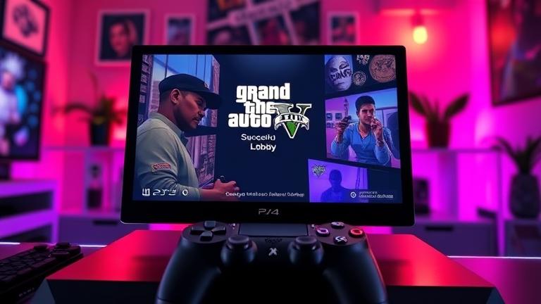 alt_text: PS4 with GTA 5 menu, showing solo lobby in a sleek gaming setup with vibrant lighting.