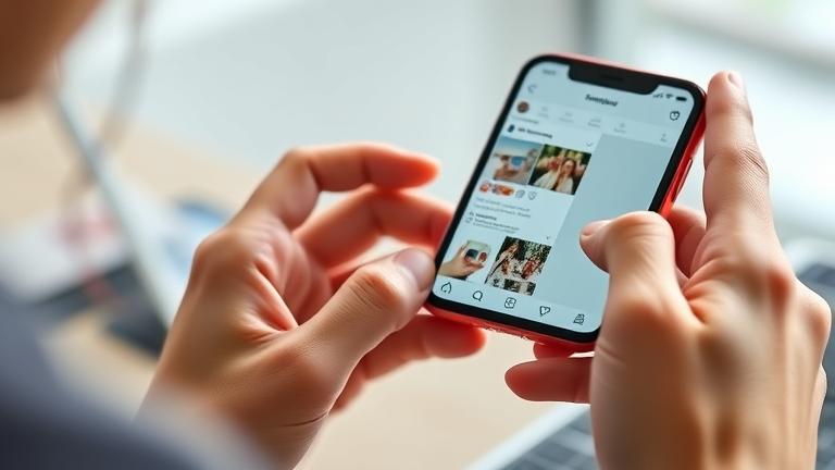 alt_text: Young adult viewing Instagram story reshares on phone, with icons and engaging background.