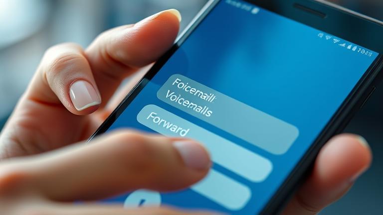 alt_text: Close-up of Android phone voicemail screen with 'Forward' highlighted and a person interacting.