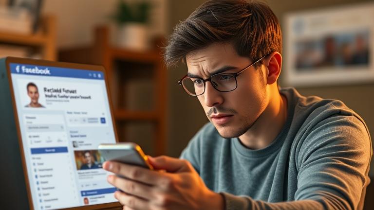 alt_text: Frustrated person tries to change phone number on Facebook amid notifications, in warm lighting.