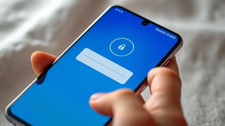 alt_text: Close-up of Samsung Galaxy A50 with lock screen, hand reaching to unlock, tech theme.