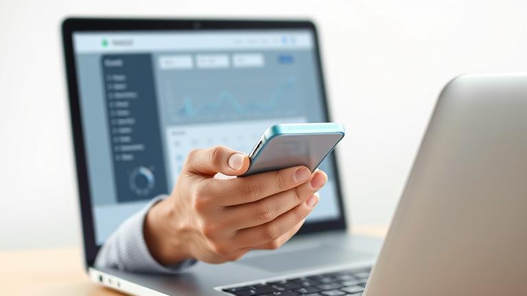 alt_text: Confident person using device with accounting software, showing delete account option.
