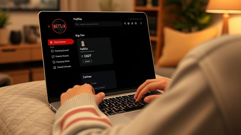alt_text: Person logs out of Netflix on laptop in cozy home, emphasizing privacy and control.