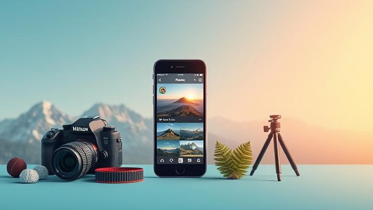 alt_text: Smartphone showing Instagram with multiple stunning landscape photos and gear, indicating carousel posts.