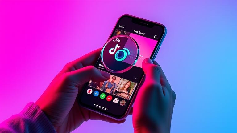 alt_text: Person with TikTok open, curiosity about viewers, magnifying glass icon, vibrant branding.