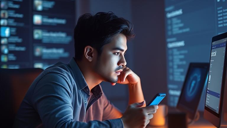 alt_text: Person managing privacy settings on phone with social media icons, symbolizing Facebook control.