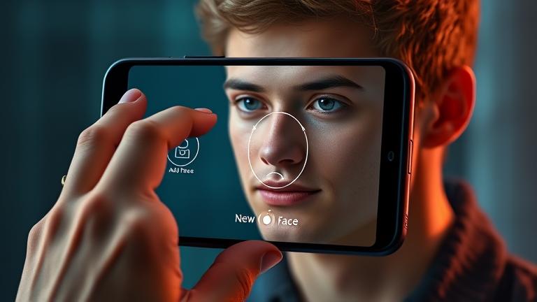 alt_text: Person unlocks Android smartphone via face recognition; screen shows face scan with security icons.