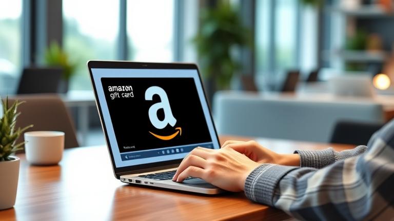 alt_text: Person using a laptop to transfer Amazon gift card balance in a modern, digital setting.
