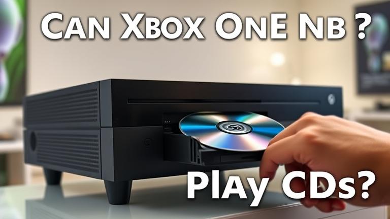 alt_text: Xbox One inserting a CD in a sleek gaming setup, with clear "Can Xbox One Play CDs?" text.