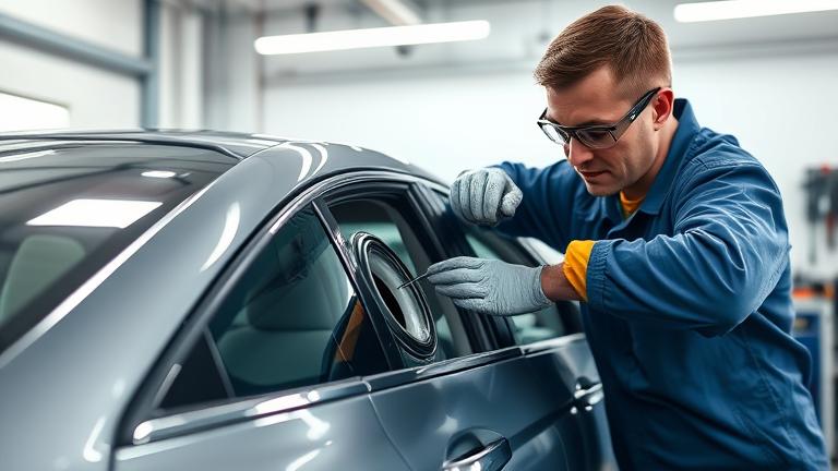 alt_text: Technician repairing a bullet hole on a modern car in a clean auto shop.