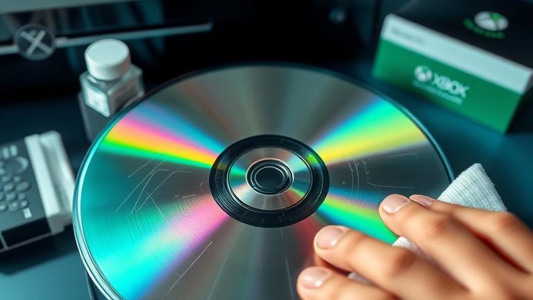 alt_text: Close-up of scratched Xbox One disc being cleaned with tools, console in background.