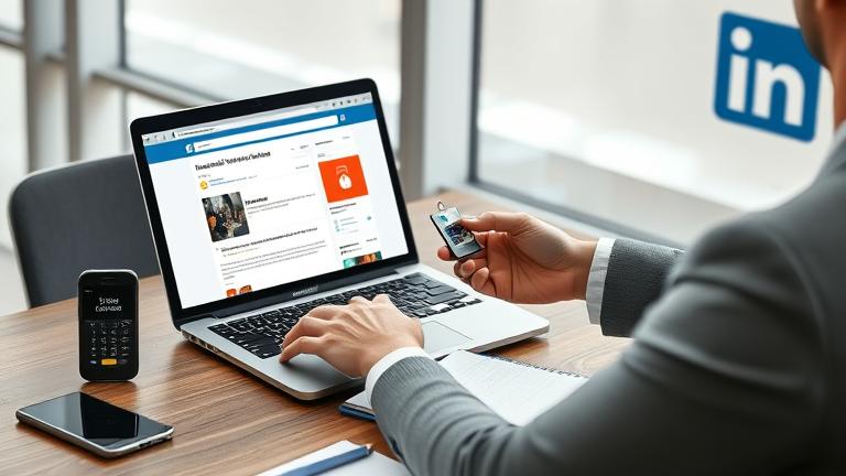 alt_text: Professional shares LinkedIn access on a desk with a laptop, phone, and notepad.
