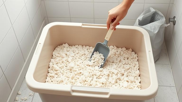 alt_text: Person cleaning a pine litter box with a scoop in a tidy, well-lit pet area.
