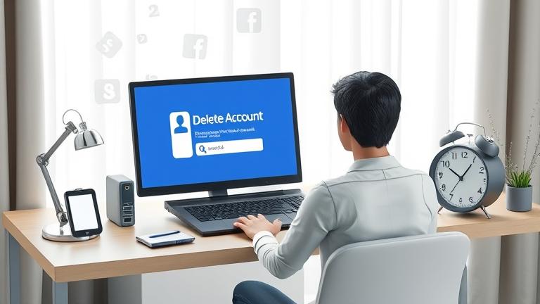 alt_text: Person at desk deleting Facebook, icons fading, clock ticking, symbolizing account removal.