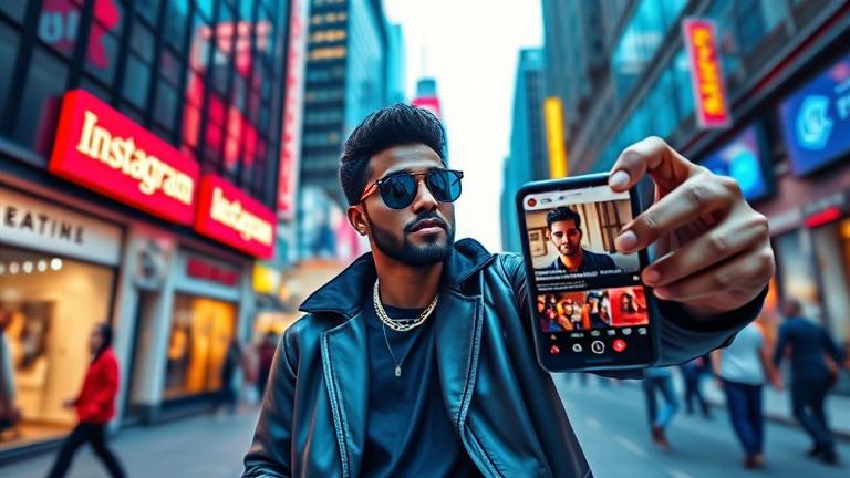alt_text: Stylish person taking a selfie in vibrant city, with social media icons and Instagram profile.