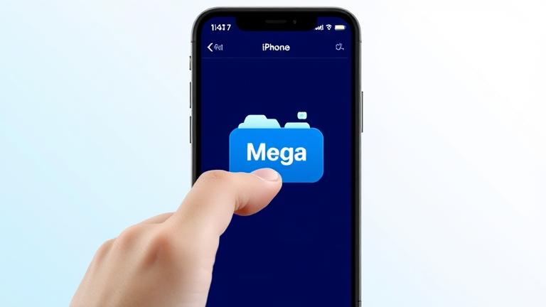 alt_text: iPhone screen with Mega folder open, user tapping, modern background, clear file access.