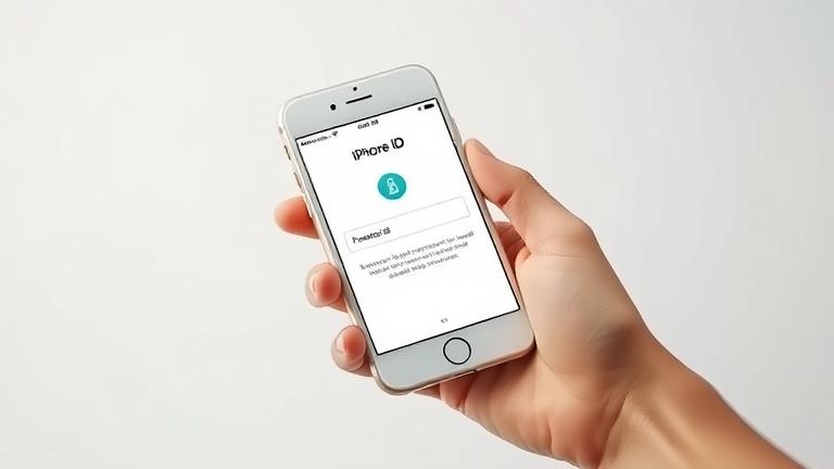 alt_text: iPhone 6 screen showing Apple ID login, held by hand, with a tech-themed background.