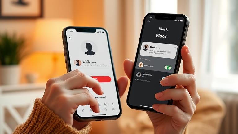 alt_text: User blocks someone on Hot or Not via app on phone in cozy setting, symbolizing online control.