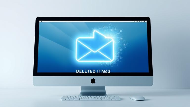alt_text: Mac screen showing Trash folder with fading email icon, symbolizing deleted emails.