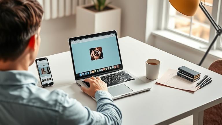alt_text: Person working on Canva for Instagram, with coffee, phone preview, and sketches nearby.