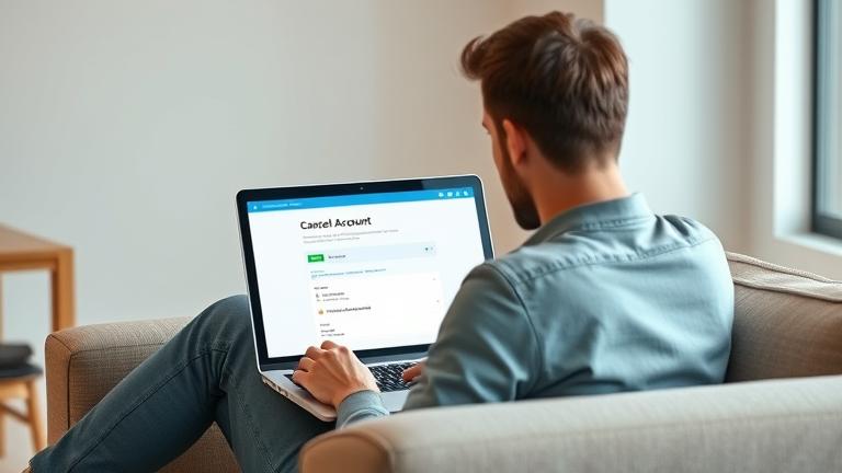 Alt_text: A person cancels their Duolingo account on a laptop in a modern, well-lit setting.