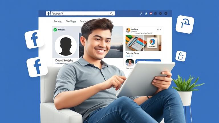 alt_text: Person happily manages Facebook, hiding Marketplace with settings in a modern interface.