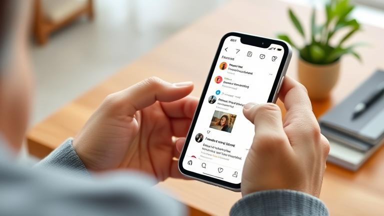 alt_text: Person viewing their Instagram comments on phone in a modern, cozy workspace.