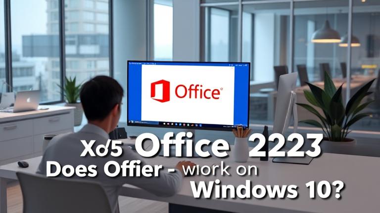 alt_text: Person working at a modern desk with Windows 10 and Office 2025 open, questioning compatibility.