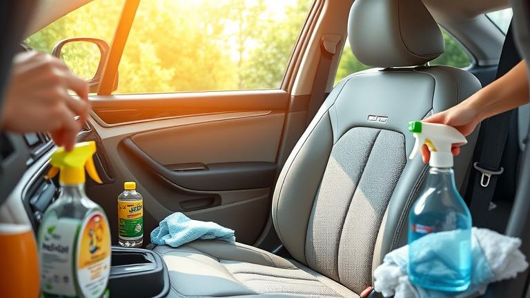 alt_text: Clean car seat being wiped with supplies, highlighting freshness and stain removal.