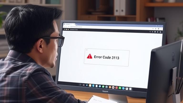 alt_text: Frustrated user at computer with Zoom error 3113, troubleshooting in a home/office setting.
