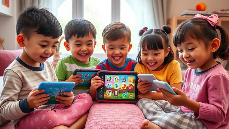 alt_text: Happy kids with tablets playing fun, educational quarantine-themed games indoors.