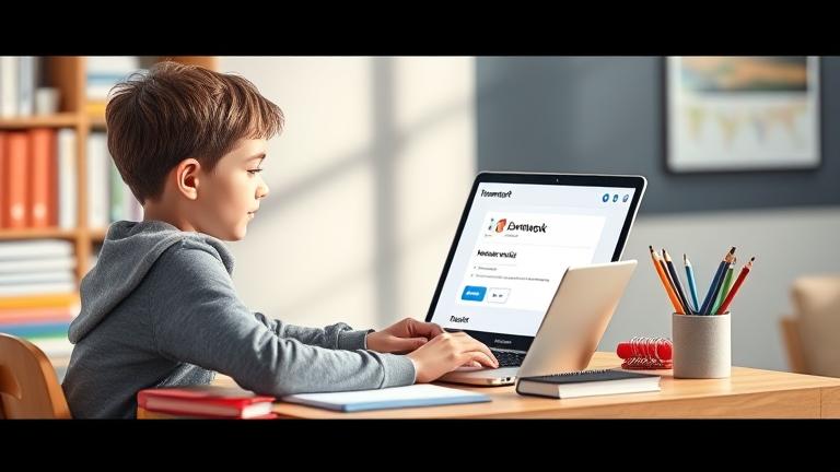 alt_text: Student at desk updating homework on tablet with textbooks and stationery nearby.