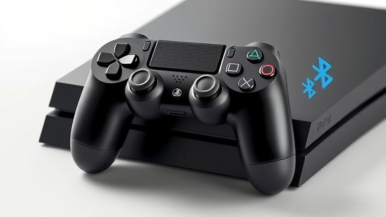 alt_text: PS4 controller connecting wirelessly to PlayStation with Bluetooth icon and modern background.