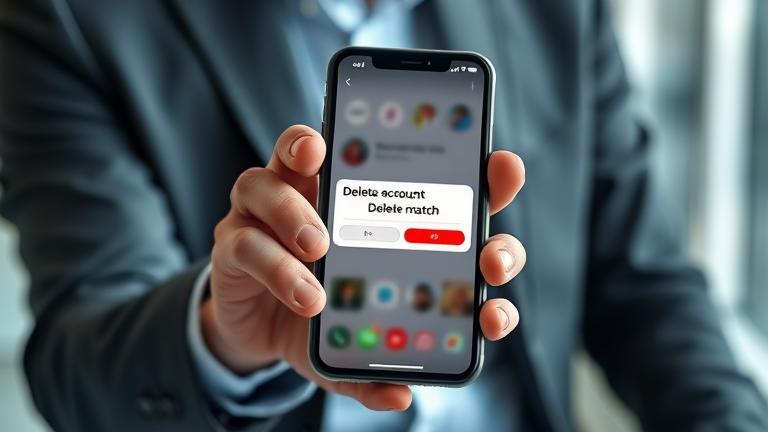 alt_text: Person with phone displaying a dating app with a highlighted "delete" option, modern background.