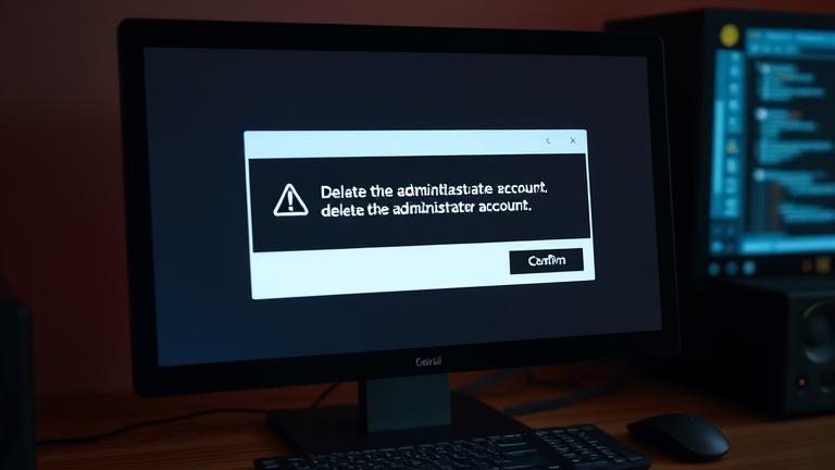 alt_text: Computer screen alert warning about deleting admin account with "Confirm" and "Cancel" options.