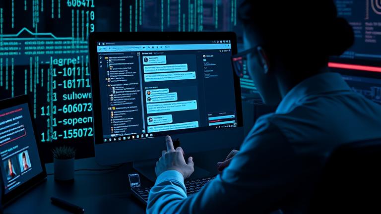 alt_text: Person analyzing Instagram messages on a sleek, dark workspace with neon accents and hacking hints.