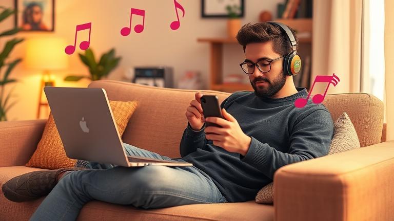 alt_text: Person comfy on couch, creating playlist with music, headphones, notes, in warm, vibrant setting.