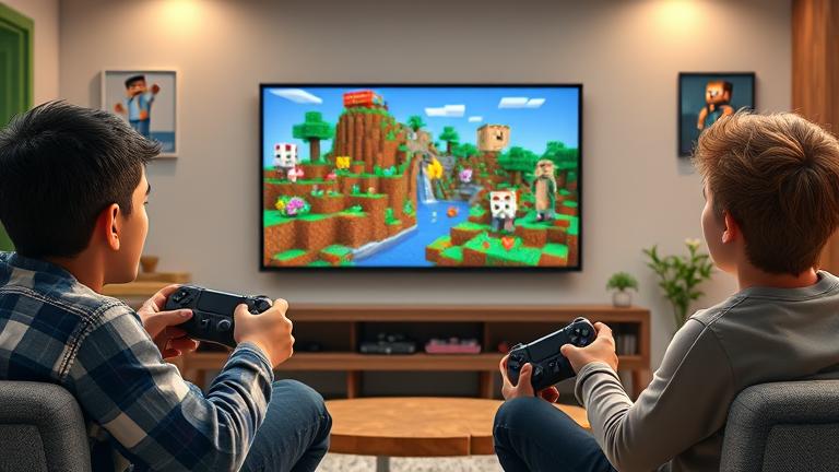 alt_text: Two players enjoy offline Minecraft on PS4 in a cozy room with colorful blocky worlds.