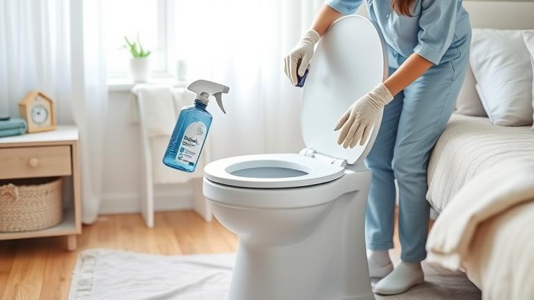 alt_text: Clean bedside commode being sanitized in a cozy, well-lit bedroom for hygiene and safety.