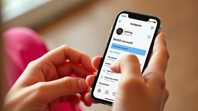 alt_text: Person with phone switching to personal Instagram account, app settings visible.