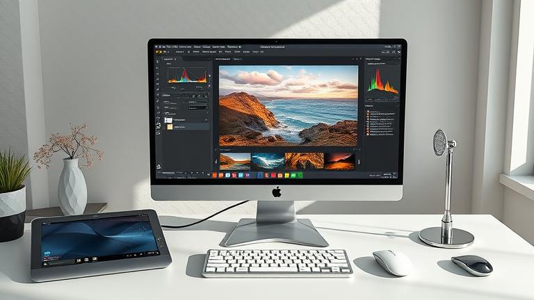 alt_text: Realistic Photoshop workspace with HDR landscape, editing tools, and natural lighting.