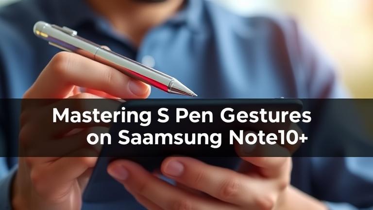 alt_text: Close-up of a Samsung Galaxy Note 10+ with S Pen, highlighting gesture controls and modern design.