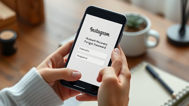 alt_text: Hands holding a phone with Instagram login and "Forgot Password," cozy workspace background.