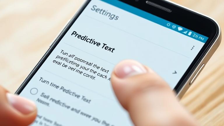alt_text: Close-up of Android settings with finger ready to toggle Predictive Text on.