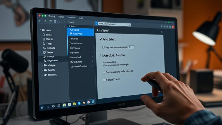 Alt text: Close-up of Photoshop with "Auto Select" checked, person using mouse in a professional workspace.