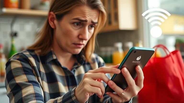 alt_text: Frustrated shopper looks at disrupted Shipt app on phone amid groceries and Wi-Fi error.
