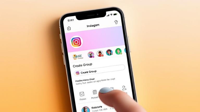 alt_text: Smartphone screen with Instagram group creation interface, user tapping and adding members.