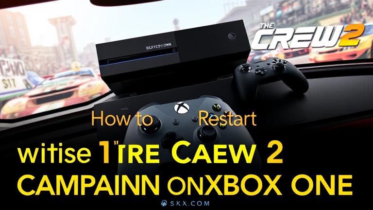 alt_text: Xbox One with racing scene, dashboard, cars, overlay, guiding on restarting The Crew 2.