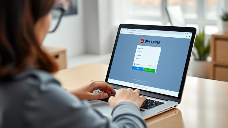 alt_text: Person using device with BPI online login page in a modern, welcoming workspace.
