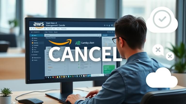 Alt_text: Professional at a computer with AWS Console, showing cloud management and cancelation icons.